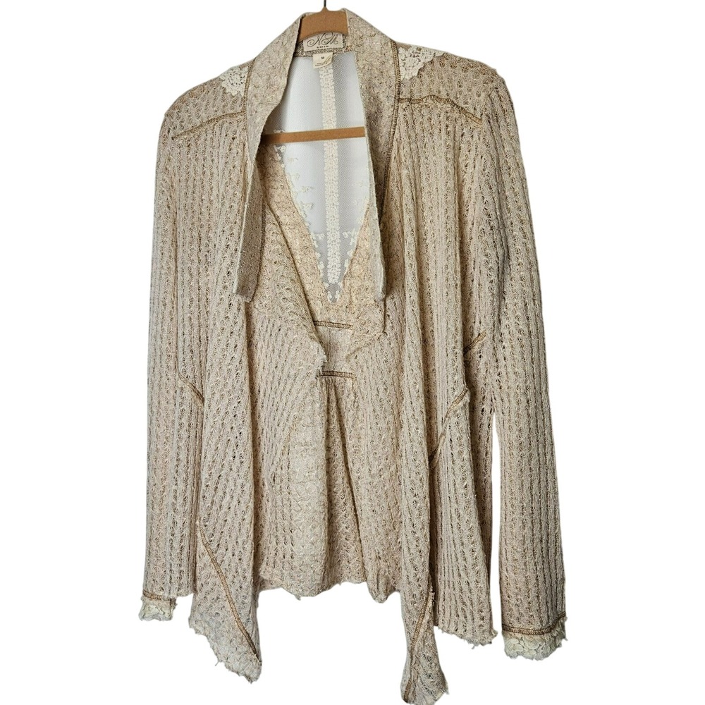 Nick and Me Boho‎ Lace Knit Cardigan Medium Size Beige Raw Hems Open Front